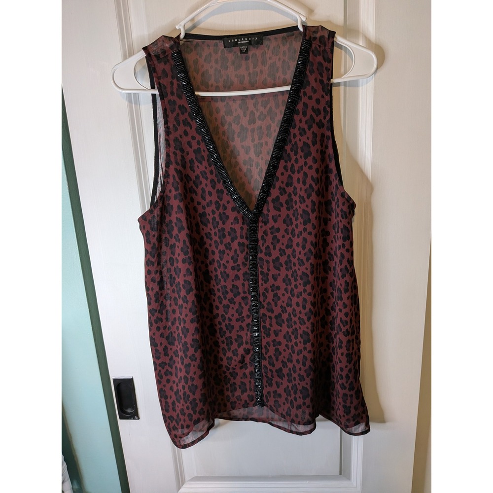 Sanctuary Clothing Womens Leopard Beaded V-Neck Sleeveless Chiffon Blouse Medium